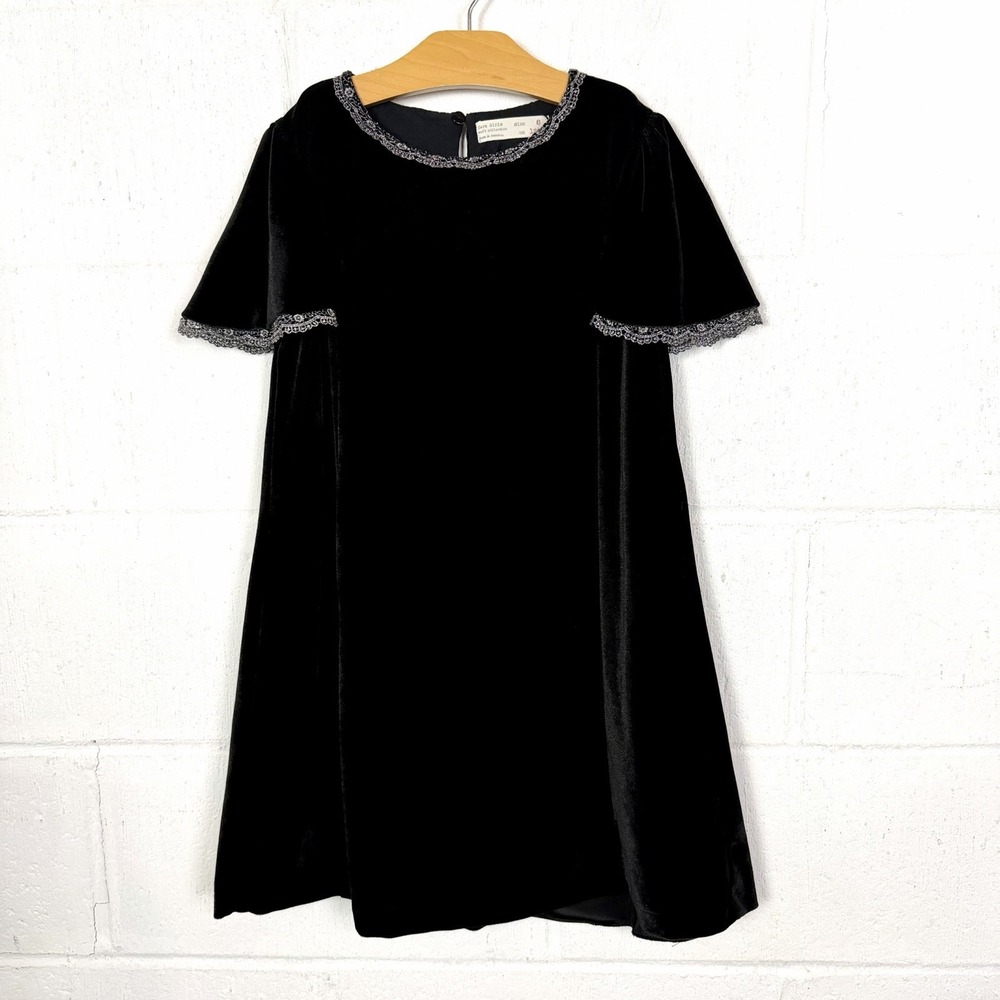Zara Girls Soft Collection Black Velvet Dress SZ 8 Silver Lace Wedding Holiday